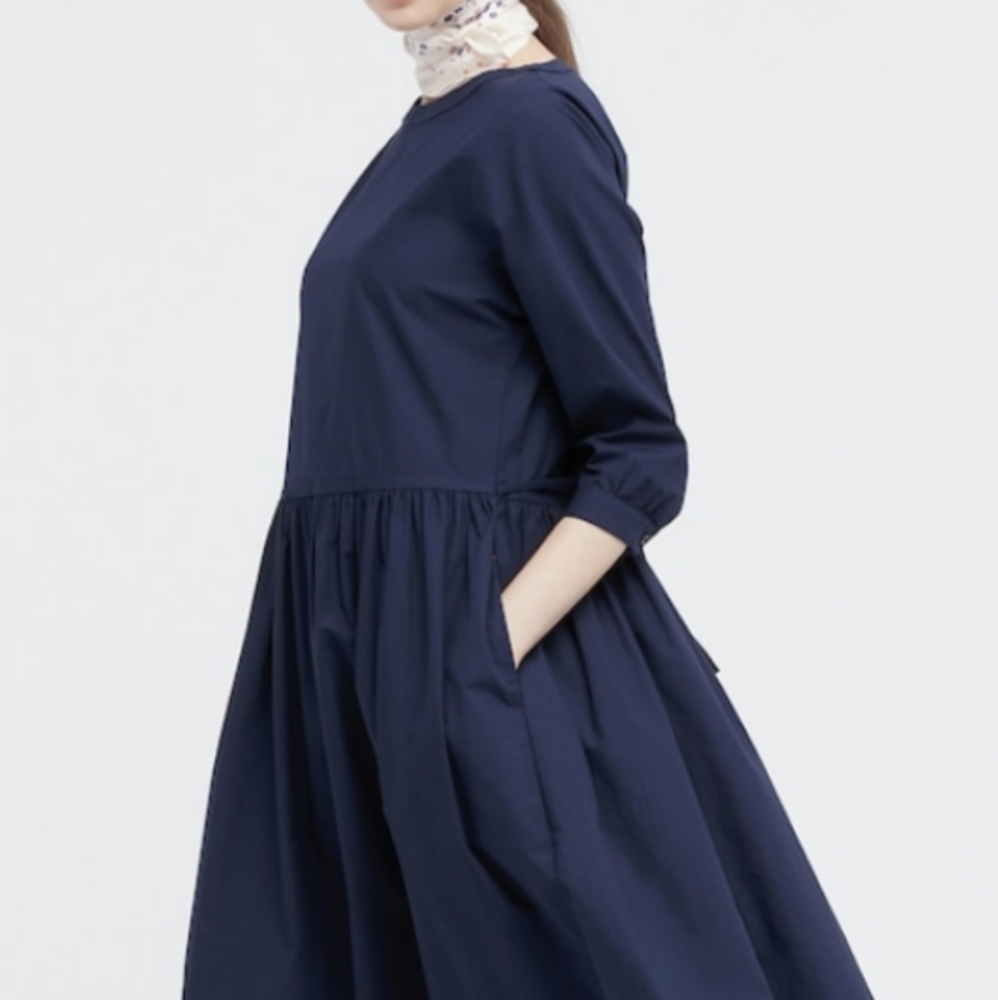 Uniqlo Ines de la Fressange Cotton Poplin gathered 3/4 sleeve dress, navy, sz S